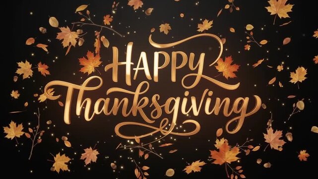 Elegant gold happy thanksgiving lettering with decorative autumn maple leaves and glowing magical light particles