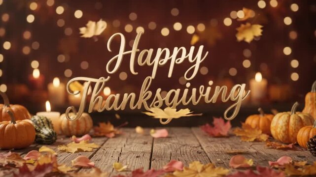 Happy Thanksgiving text overlay with autumn pumpkins and fallen maple leaves on a rustic wooden table background