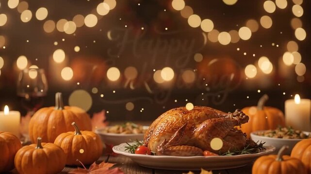 Happy Thanksgiving greeting with roasted turkey dinner and pumpkins on rustic wooden table with bokeh lights