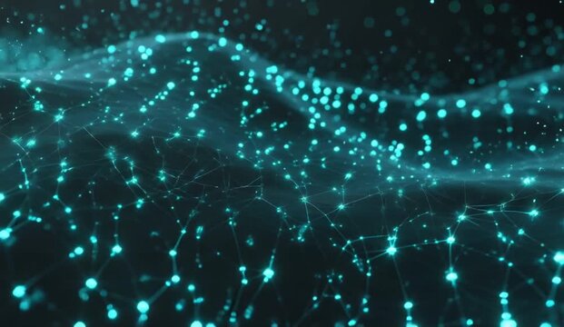 Abstract technology ecosystem represented by hundreds of softly glowing nodes that continuously communicate through delicate pulses of light, clusters grow, connect and separate in a natural rhythm