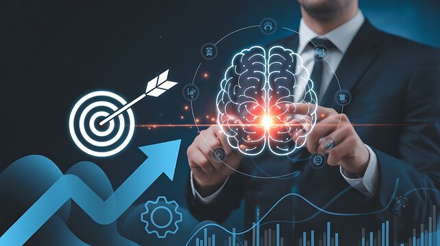 A man in a suit touches a digital brain icon with a target and arrow symbolizing success and growth in business.