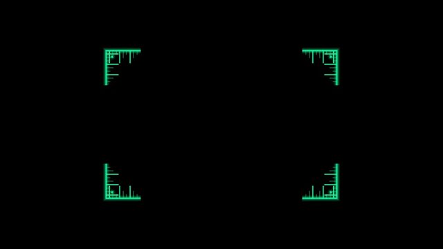 Abstract animated corner tick marks accumulating drawn as green and teal lines and shapes on a deep dark background. Seamless looping 4K motion graphics video with free space for text, ideal for title