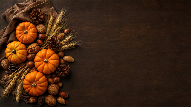 Thanksgiving pumpkins pine cones and wheat on dark background with copy space