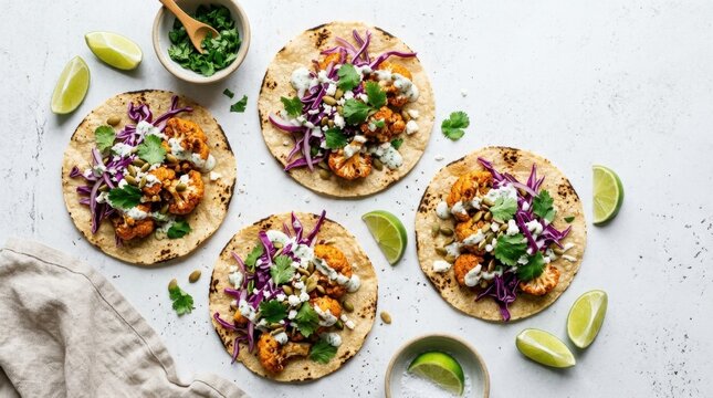 Gourmet Tacos Platter: Four delicious tacos brimming with fresh ingredients, presented on a platter alongside vibrant lime wedges and a side of cilantro, offering a taste of culinary excellence.