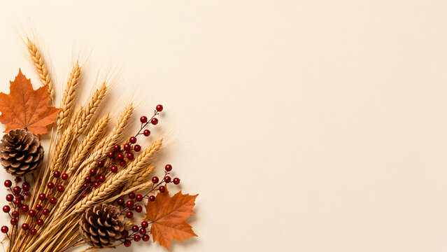 Autumn harvest flat lay with wheat stalks and maple leaves, rustic fall background with pine cones and berries, seasonal thanksgiving border