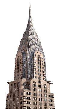 3D illustration of the iconic Chrysler Building spire in New York City, isolated on transparent background. Art Deco skyscraper architecture landmark.