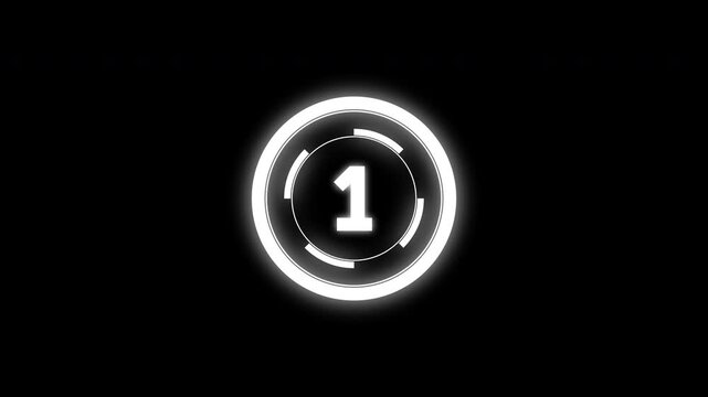 Digital circle countdown hud timer 5 seconds animation from 5 to 0 seconds on black background. 4k video