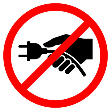 A red circular prohibition sign featuring a black hand holding an electrical plug, indicating no plugging in, isolated on a white background