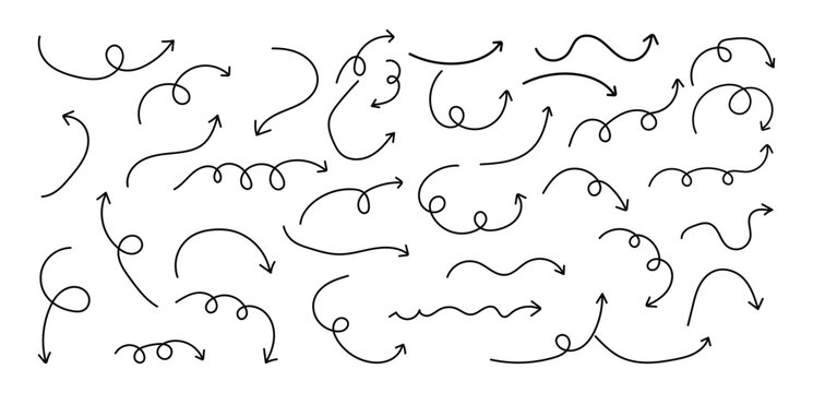 Hand drawn line arrows set, curly and squiggly doodle arrow vector collection for design element