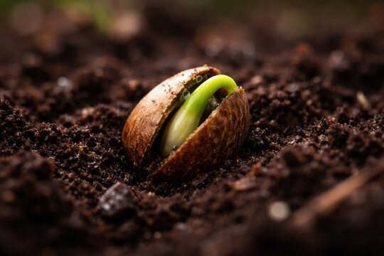 Sprouting seedling breaks through the soil surface, illustrating the germination process of a seed in a natural outdoor setting