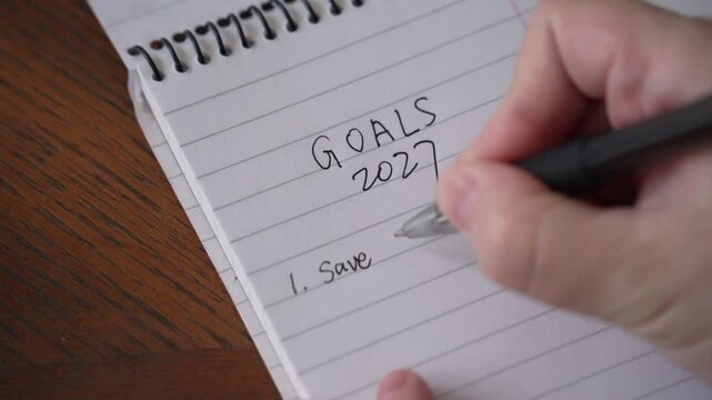 New Year Goals 2027. Woman's Hand Writing in Notebook Goals List. Concept of New Year Planning.