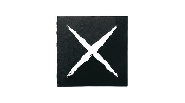 Minimalist black square icon with white cross symbol, grunge crossmark shape for modern graphic design isolated on Transparent Background