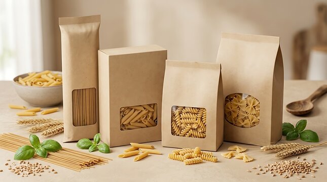 Assorted dry pasta in organic kraft paper packaging