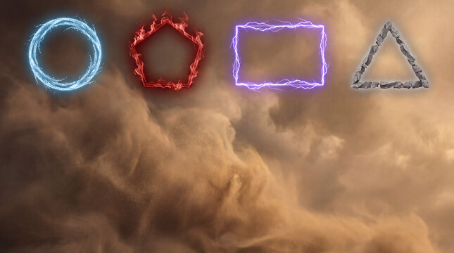Four Elemental Glowing Shapes Row Sky Background