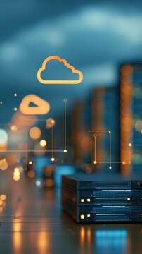 Glowing cloud computing icons floating over dark server rack database background, cloud storage concept.