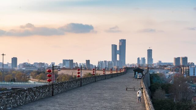 ** City Wall with Red Lanterns and Modern Skyscrapers in Xi an, China