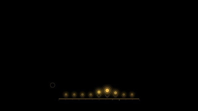 Abstract animated buffering dots sequence wave drawn as amber and orange lines and shapes on a deep dark background. Seamless looping 4K motion graphics video with free space for text, ideal for title