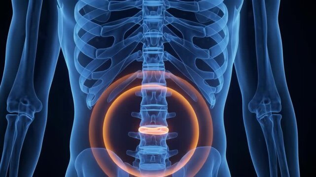 Human spine and skeleton with highlighted lower back pain area, medical illustration of lumbar discomfort.