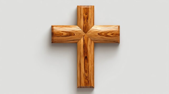 Elegant wooden cross against a plain backdrop, symbolizing faith and spirituality, showcasing natural textures and peaceful concept