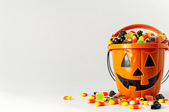 Photorealistic Studio Shot of Halloween Pumpkin Candy Bucket Isolated on White with Vast Left Copy Space for Retail Poster