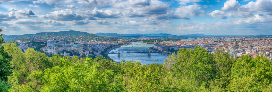 Panoramic View of Budapest Danube River and Bridges