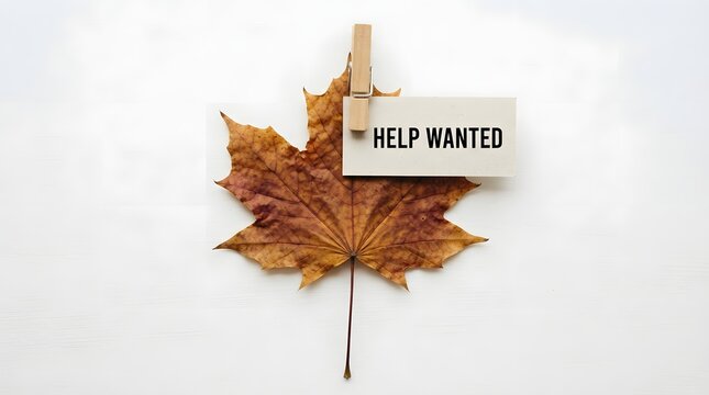A dried autumn maple leaf with a wooden clothespin holding a sign that says help wanted isolated on white background