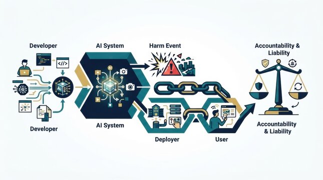 The relationship between developers, AI systems, harm events, deployers, users, and accountability in the AI context.