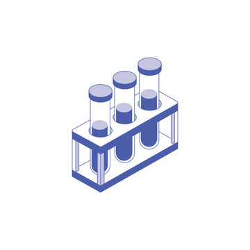 Isometric laboratory test tubes with blue liquid in a rack