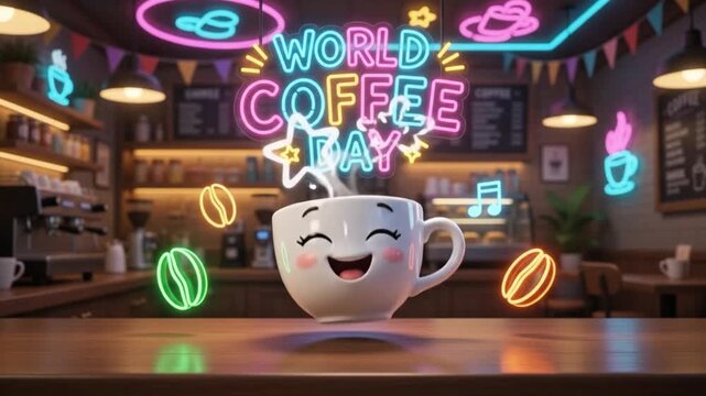 World Coffee Day Neon Cafe with Cute Smiling Coffee Cup Celebration 4K