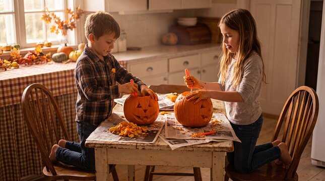 Brother and sister carving jack o lanterns together at rustic farmhouse kitchen table for halloween tradition