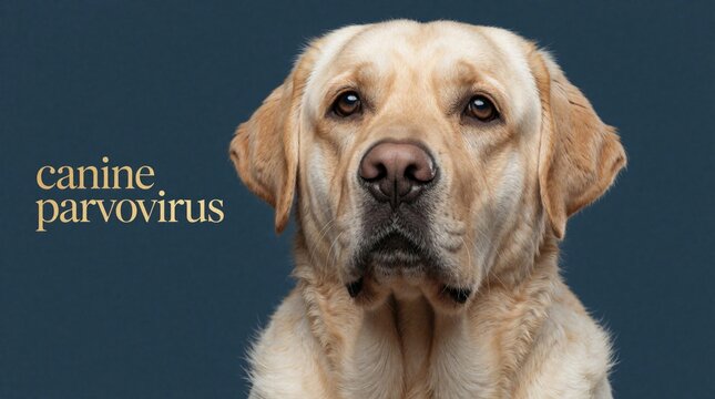 Golden retriever with serious expression beside text about canine parvovirus. This image warns about the disease, emphasizing pet health and veterinary care.