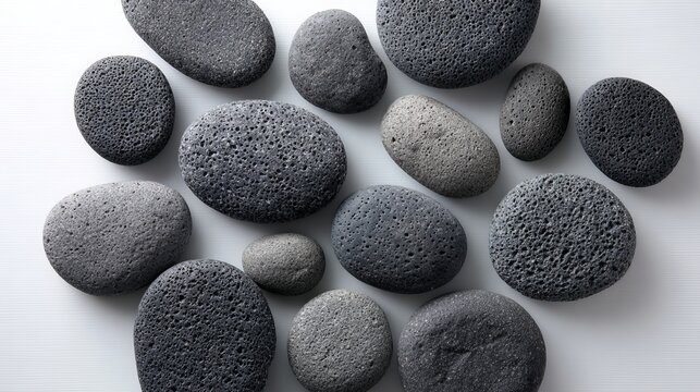 Various dark grey volcanic rocks, a collection of rounded stones, lie scattered across a clean white surface, offering textures and earthy tones