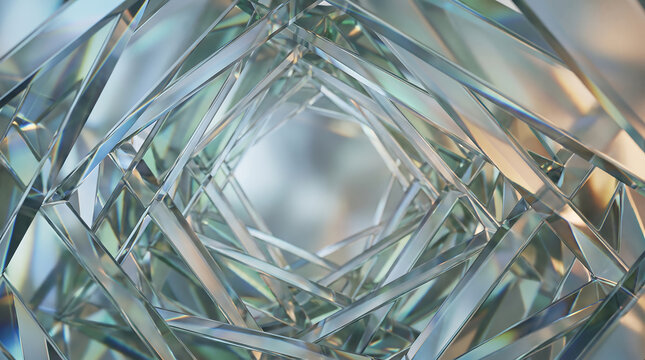 Abstract crystal tunnel with geometric glass prisms and light refraction