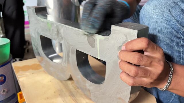 Worker Sanding Metal Letter Fabrication in Workshop