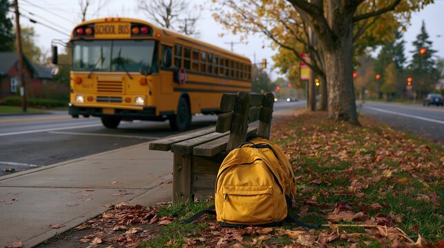 School bus approaching sidewalk with bench and backpacks for safety awareness