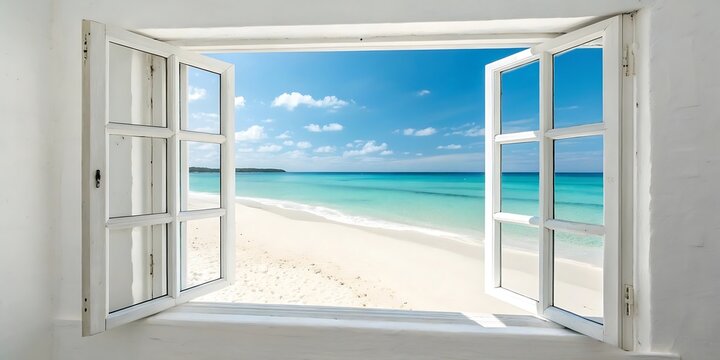 Open window frames a beautiful tropical beach scene with clear blue skies