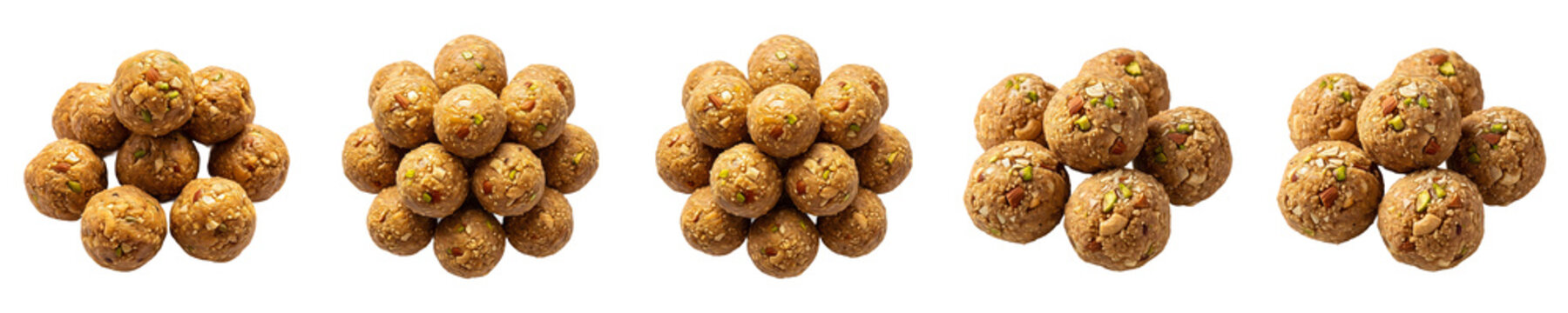 Traditional Indian Motichoor Besan Laddoo Balls Row Isolated on White Background - Festive Sweet Dessert Collection