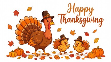 Naklejka premium Turkey family wearing pilgrim hats with pumpkins Happy Thanksgiving