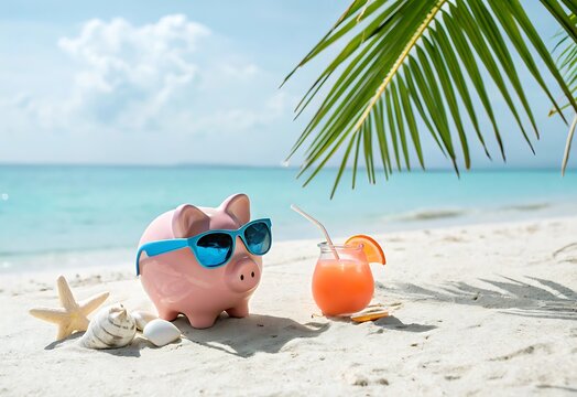 A pink piggy bank relaxes on a tropical beach with a cocktail