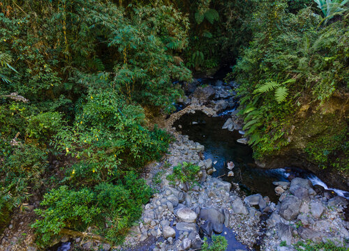 Aerial view of Rocky River with Pristine Waters Flowing Between Dense Forest Trees Covered with Moss and Vines in Indonesia. 
