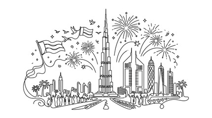 Fototapeta premium Modern Middle Eastern City Skyline Celebration with Fireworks and National Flags Line Art