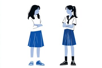 Fototapeta premium two schoolgirls standing with arms folded, minimalistic flat design, simple lines, monochrome or limited color palette, isolated on white background