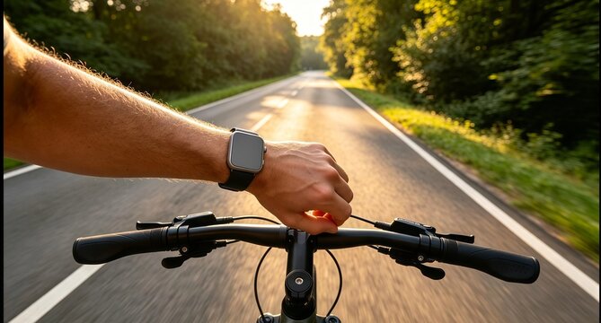 First person view of a cyclist checking fitness data on a smartwatch while riding outdoors on a scenic cycling path.