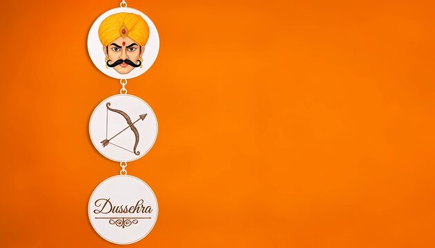 Traditional Warrior Face with Bow and Arrow Hanging Plates Happy Dussehra Orange Banner. 