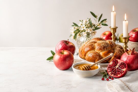 Rosh Hashanah festive still life with challah honey apples and pomegranate