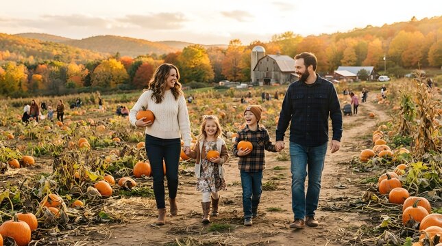Happy family walking through a pumpkin patch on a sunny autumn day at a farm