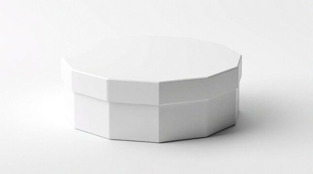Minimal white octagonal box mockup on plain background. Blank geometric cardboard container for luxury gift, jewellery, cosmetic product branding. Clean empty paper packaging template for 3D design,