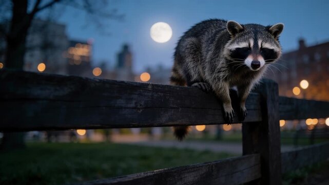 Curious raccoon resting on a wooden fence in a city park with a full moon in the background