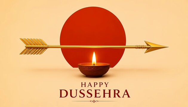 Minimalist Happy Dussehra Festival Banner with Golden Arrow Diya Lamp and Red Sun Circle. 