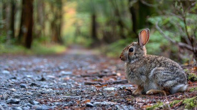 Alert cottontail rabbit attentively perches upon a forest path, ears erect amidst the blurred, tranquil woodland backdrop